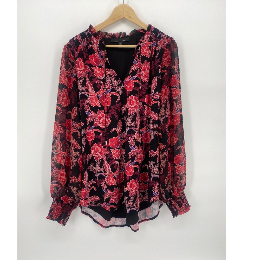 White‎ House Black Market Floral Blouse Womens Large Black Red Excellent Tassels